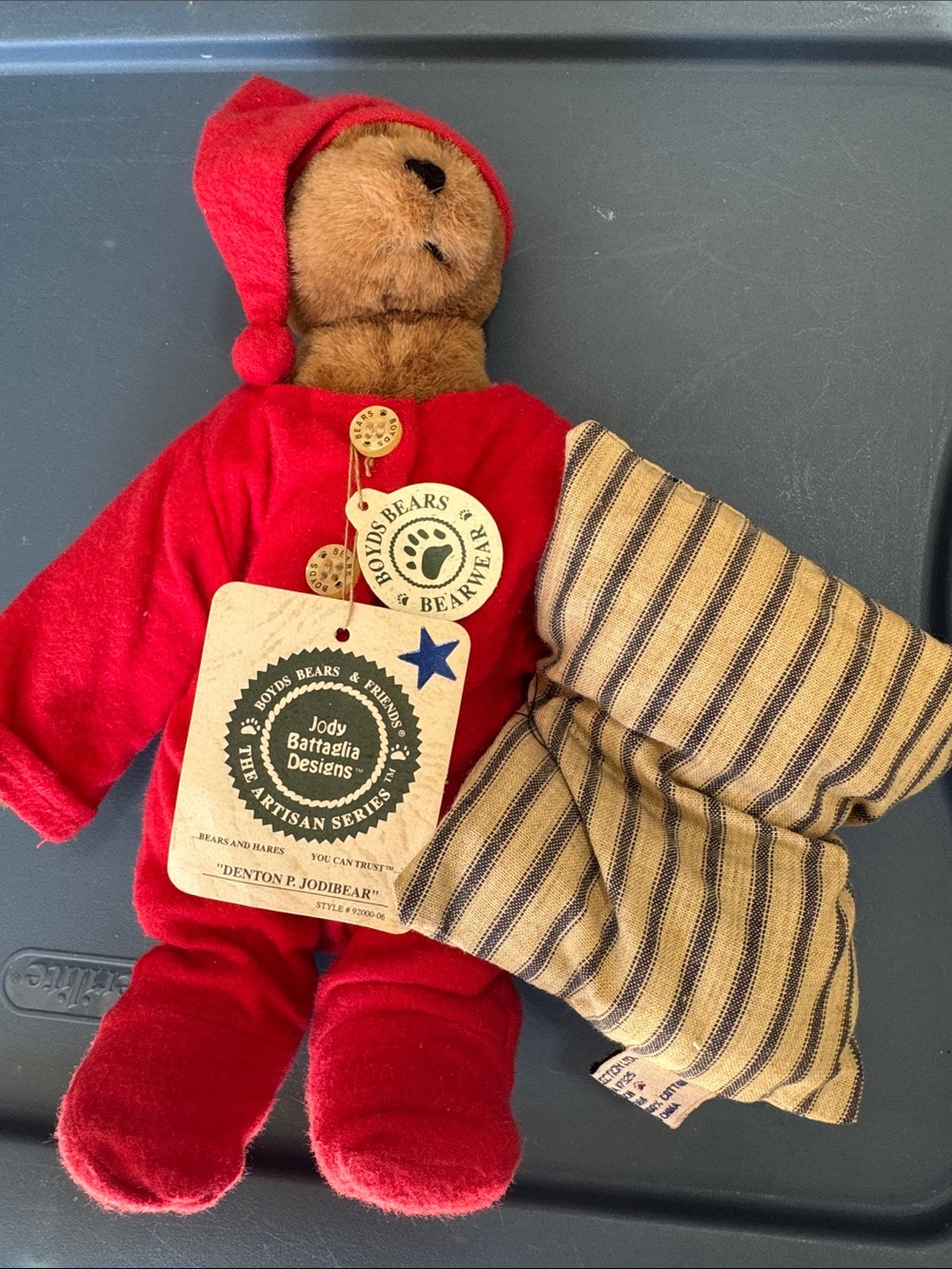 Boyds Bears Red Plush Teddy with Striped Beige Pillow